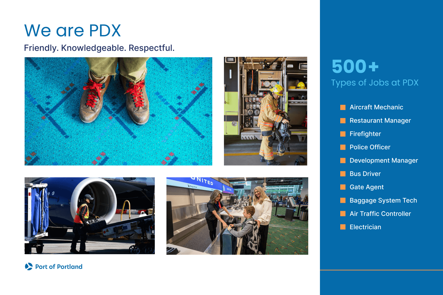 There are over 500 types of jobs at PDX, ranging across a wide variety of disciplines, from mechanics to managers, customer service agents and more.
