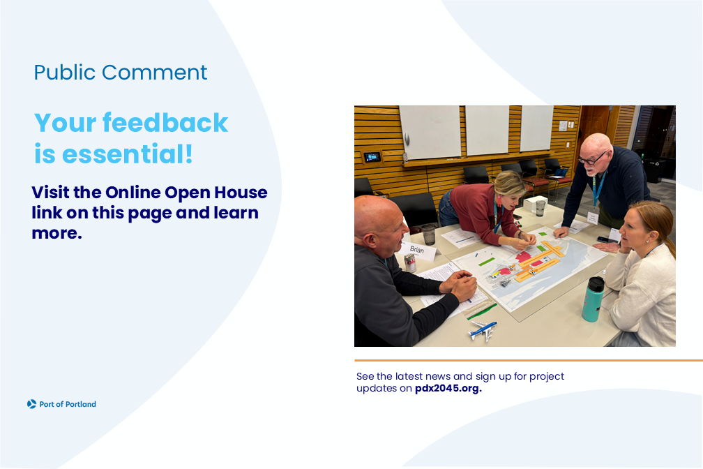 Slide titled “Public Comment.” Left side includes a QR code and text inviting people to visit the Online Open House to share feedback. Right side shows four adults around a table reviewing maps and sticky notes during a workshop.