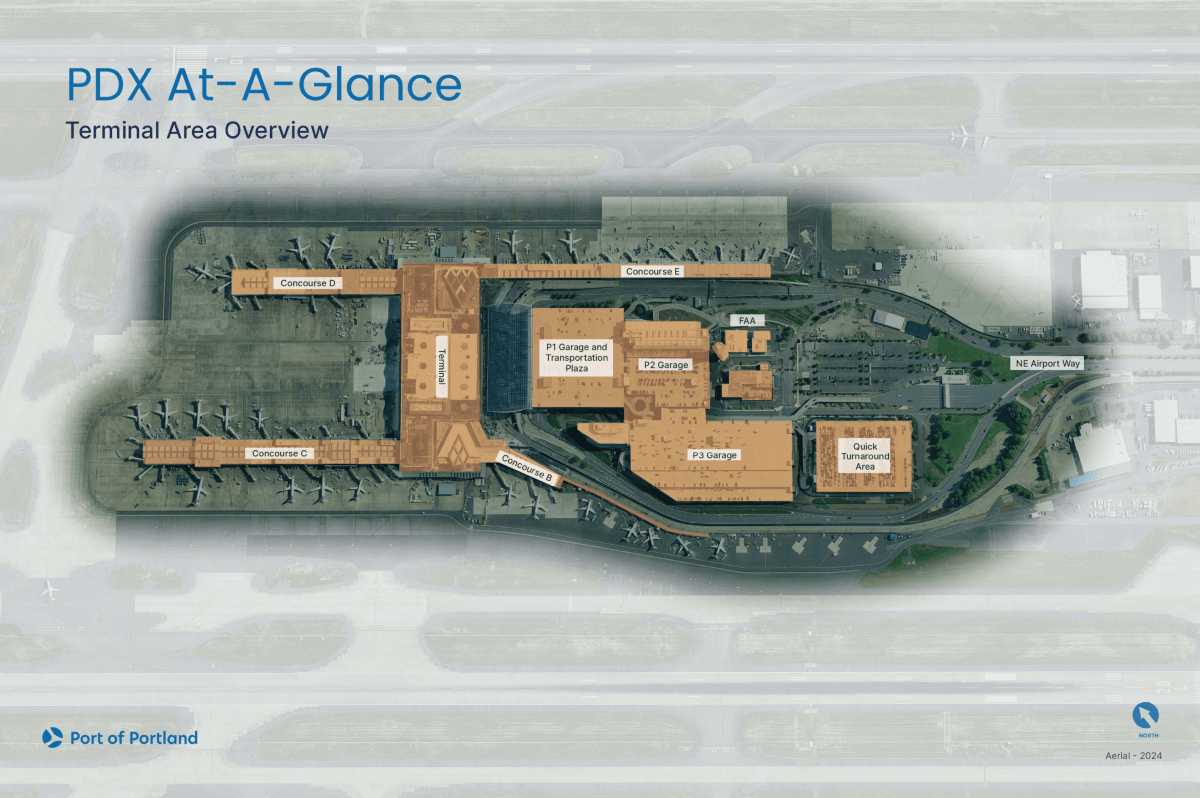 An aerial view of the airport property showing the main terminal and four concourses. Concourses D and E are to the north, and B and C are to the south. Parking garages are to the east.